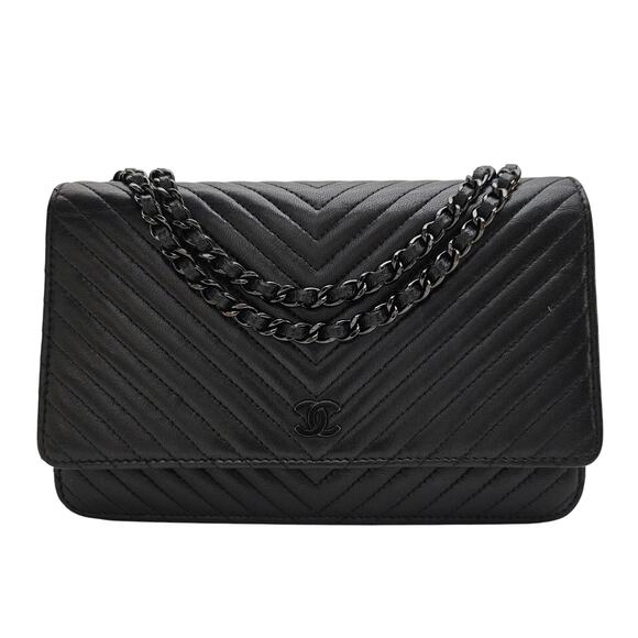 Chanel Chevron So Black Lambskin Wallet on Chain WOC - Picture 1 of 10